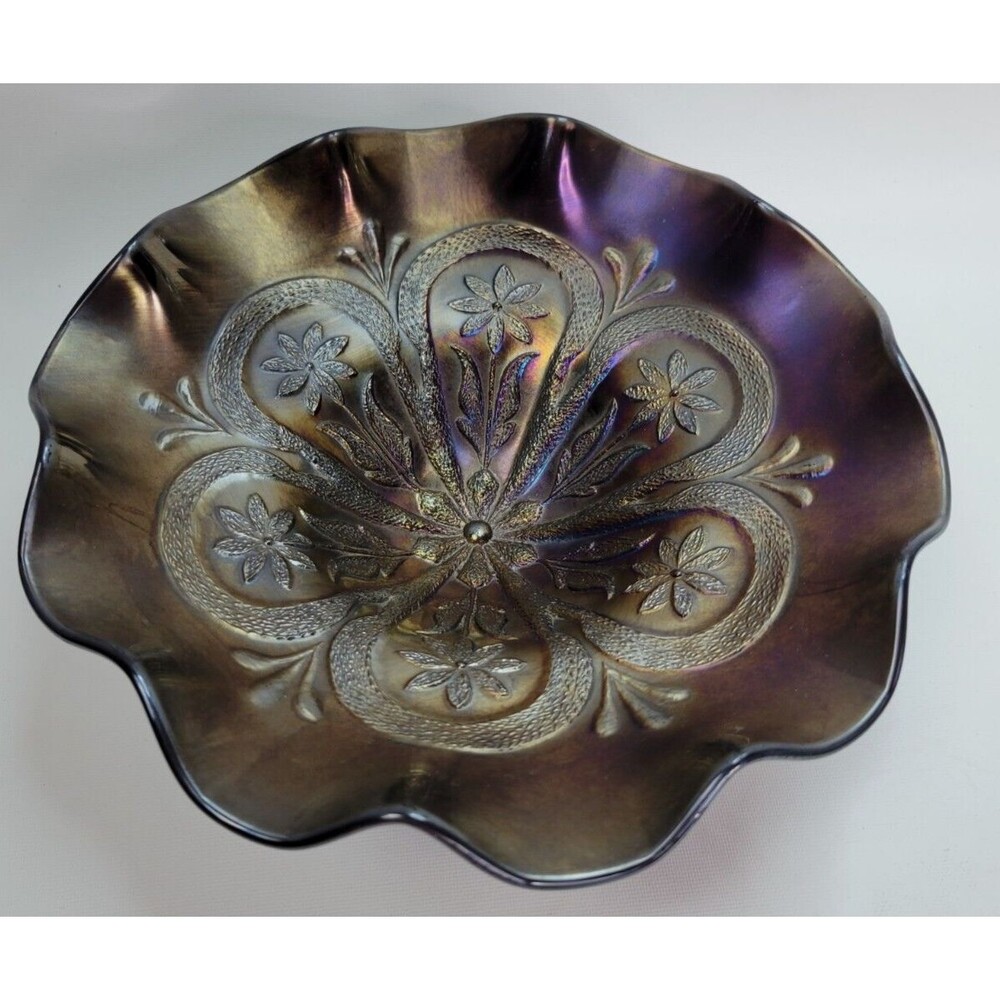 Vintage Dugan Flowers & Frames Purple Black Amethyst Ruffled Carnival Glass Bowl